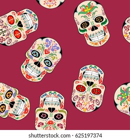 Seamless wallpaper with vintage mexican scull with ethnic ornament