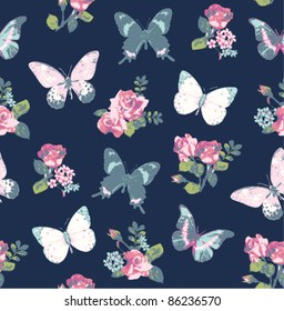 seamless wallpaper vintage  rose with butterfly on purple background