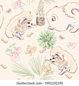 Seamless wallpaper watercolor vector illustration pattern with Pomeranian spitz puppies characters with a palm on a light yellow background. Textile composition, hand drawn style print.