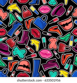 Seamless Wallpaper with women's accessories in flat style.Hats,gloves,shoes,boots,lipstick,nail Polish.Vector illustration.