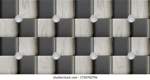 Seamless Wallpaper with Wooden and Striped Relief Tiles, Mosaic Pattern with Realistic Geometric Decorative Elements, Texture with Stylish Minimalistic Polygonal Forms, Vector Illustration Art Design