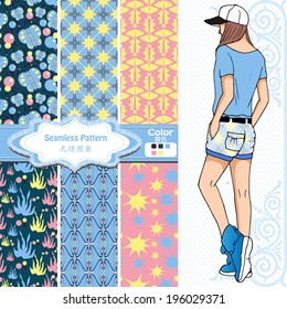 Seamless wallpaper ,wrapper ,fabric pattern design,nice fashion girl design .The chinese words meaning same as english words. 