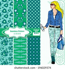 Seamless wallpaper ,wrapper ,fabric pattern design,nice fashion girl design .The chinese words meaning same as english words. 