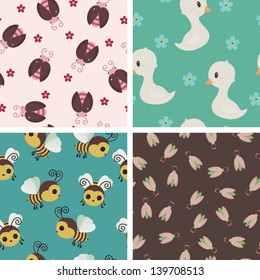 Seamless wallpapers with bugs, ducks and bees. Cartoon childish illustration 