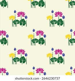 Seamless wallpapers, lotus patterns and natural, vector-style lotus leaves.