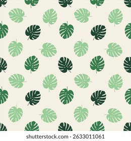 Seamless wallpapers, monstera leaf patterns, cream-colored surfaces, green leaves, vector patterns