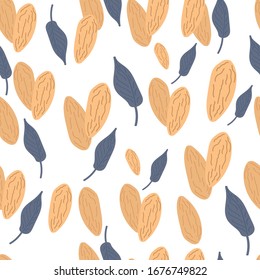 Seamless walnut almond background. Pink almond with leaves on a white background.