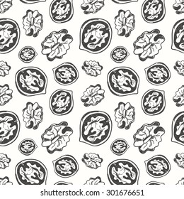 Seamless walnuts pattern. Sketch walnuts. Hand drawn pattern made in vector. For your design, textile, fabric, surface textures, packaging.