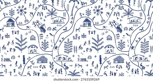 Seamless Warli tribal border pattern inspired by traditional Indian folk art. Ethnic village scene with people, animals and trees. Decorative vector ornament for textile, packaging, ribbon, wallpaper and fabric design