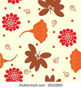 Seamless warm colors flowers background with rounds and ladybugs. Fixed version.