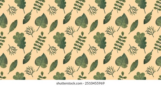 Seamless warm cozy fall botany pattern with forest oak leaves, spruce branches and other botanical elements. Watercolor vector illustration. Autumn pattern for fabric, scrapbooking and stationery. 