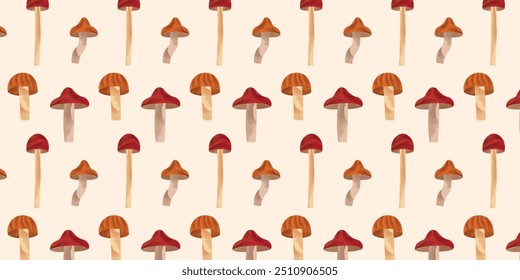 Seamless warm cozy fall botany pattern with forest mushroom, fungi. Watercolor vector illustration. Autumn pattern for fabric, scrapbooking and stationery. 