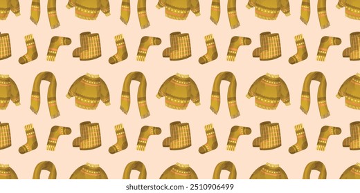 Seamless warm cozy fall pattern with with a green sweater, socks, boots and scarf. Watercolor vector illustration. Autumn pattern for fabric, scrapbooking and stationery. 