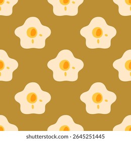 Seamless Warm Floral Cartoon Pattern. Playful seamless floral pattern with stylized five-petal flowers and orange centers on warm ochre background. Flat cartoon style, cozy and decorative design.