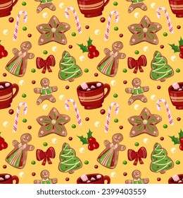 Seamless warm yellow Christmas pattern with Christmas cookies, hot chocolate and marshmallows