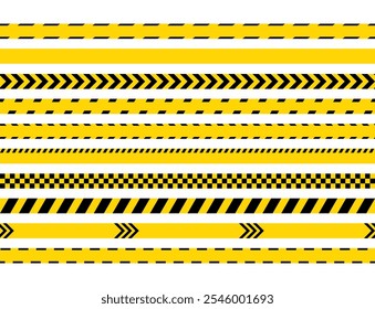 Seamless warning yellow black tapes. Danger ribbons. Striped boundary lines under hazard construction. Barrier tapes for danger zones. Set of caution bands for work places. Vector illustration