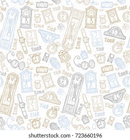 Seamless watches background. Vector time symbols. Hand-drawn illustration.