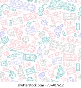 Seamless watches background. Vector time symbols. Hand-drawn illustration.