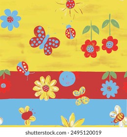 Seamless water color pattern of flowers and butterflies.