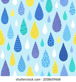 Seamless water drops rain droplets pattern. Repeated creative doodle rain water drops blue playful background. Childish colorful hand drawn modern geometrical textured cartoon print.