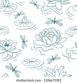 Seamless water lily pattern in line art