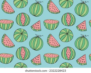 Seamless Water melon vector pattern, Doodle Watermelon day texture, summer fruit slices fabric textile, juicy Wrapping scrapbooking paper