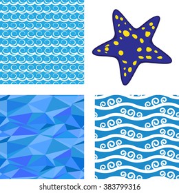 Seamless water pattern with blue starfish