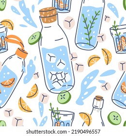 Seamless water pattern with glass bottles, ice, orange fruits, cucumber. Detox drinks, healthy summer lemonades repeating print. Colored flat vector illustration