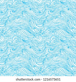 Seamless water pattern, hand-drawn waves vector, blue and white wave background, Eps 8