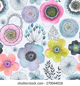 Seamless watercolor abstraction floral pattern in vintage style.