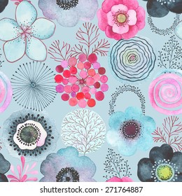 Seamless watercolor abstraction floral pattern on turquoise background in vintage style.