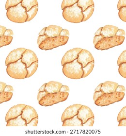 Padrão de biscoito de amaretti de aquarela sem costura, biscoitos de amêndoa italianos tradicionais pintados à mão em tons suaves, fundo de repetição de sobremesa europeia para tecido, papelaria, papel de embalagem e embalagem