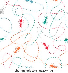 Seamless watercolor ants with traces pattern. Vector background.