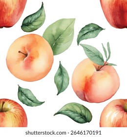 Seamless Watercolor Apples and Peaches Pattern.