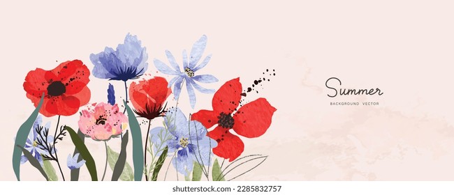 seamless watercolor arrangements with small flower. Botanical illustration minimal style.