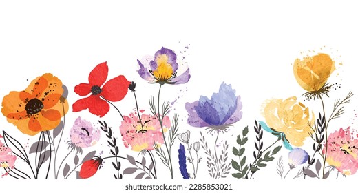 seamless watercolor arrangements with small flower. Botanical illustration minimal style.