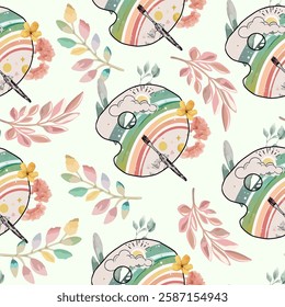 Seamless watercolor artist palette and floral pattern. Pastel art palette with rainbow and nature elements. Hand-drawn creative painting theme pattern