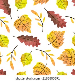 Seamless watercolor autumn leaves pattern. Vector fall background with colorful leaves.