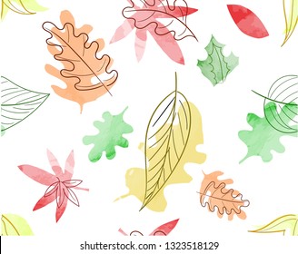 Seamless Watercolor autumn nature pattern texture with red, yellow and green tree leaves on white background. Vector season wallpaper