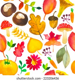 Seamless watercolor background. Autumn pattern of the symbols of autumn against a white background