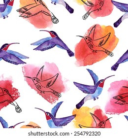 Seamless watercolor background / birds and flowers vanilla