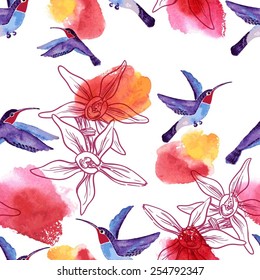 Seamless watercolor background / birds and flowers vanilla