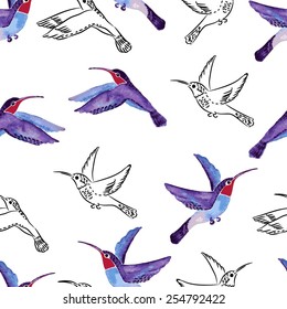 Seamless watercolor background / birds and flowers vanilla
