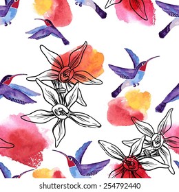 Seamless watercolor background / birds and flowers vanilla