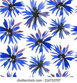 Seamless watercolor background of cornflowers. Blue wild flowers hand painting. Rural motifs.