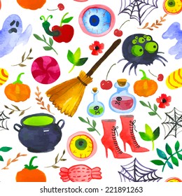 Seamless watercolor background. Halloween colorful pattern. Scary objects