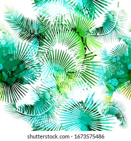 A seamless watercolor background of palm leaves. Mixed media. Vector illustration