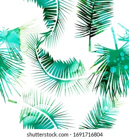 A seamless watercolor background of palm leaves. Mixed media. Vector illustration