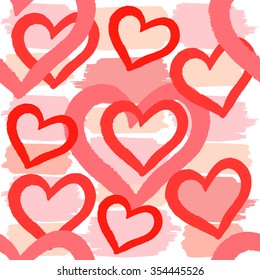 Seamless watercolor background with red hearts. Vector illustration. Hand drawn brush paint
