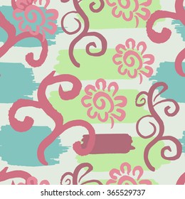 Seamless watercolor background with stripes and floral ornament. Vector illustration. Hand drawn brush paint. Use it for fabric, wrapping, wallpaper, scrapbook, web page
